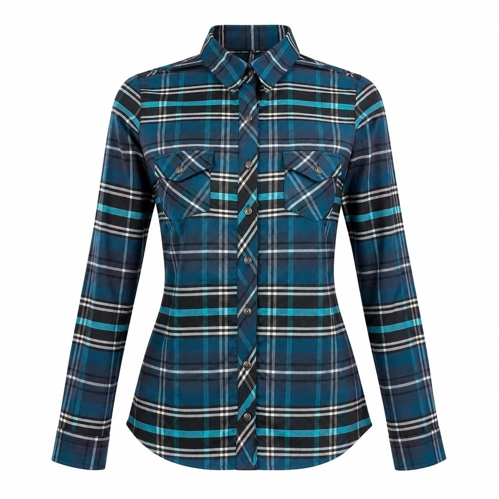 KÜHL Women's M Style 8346 Teal Blue Plaid Flannel Button Up Shirt Outdoor Hiking - Picture 2 of 10